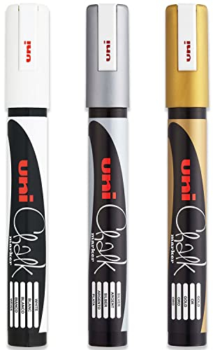 Uni PWE-5M Flüssigkreide-Marker – Whiteboard-Kreidetafel – nicht permanent – Gold, Silber und Weiß – 3 Stück