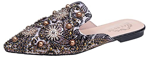 Yowablo Mode Sommer und Herbst Frauen Pumps Niedrige Ferse Flache Spitze Perle Strass Bunte Druck Halbe Hausschuhe Pantoletten Sommer Damen Schuhe