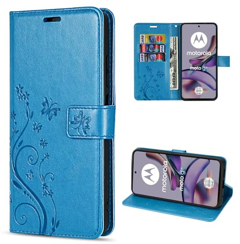 betterfon Hülle Kompatibel mit Motorola Moto G13 / G23 | Premium PU Leder Handyhülle Wallet Case für Moto G13 / G23 | Schutzhülle Blumen Klapphülle Handyhülle | Blau