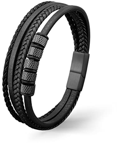UNIQAL | Lederarmband Herren LUNA Mens Bracelet | Gratis Geschenk Box | Echtleder, Edelstahl | Schwarz | geflochten