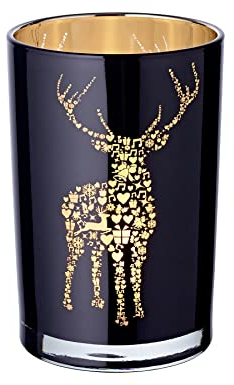 EDZARD Teelichtglas Fancy, Höhe 18 cm, Durchmesser 12 cm, außen schwarz, innen Gold, Teelichthalter, Windlicht mit Hirsch-Motiv