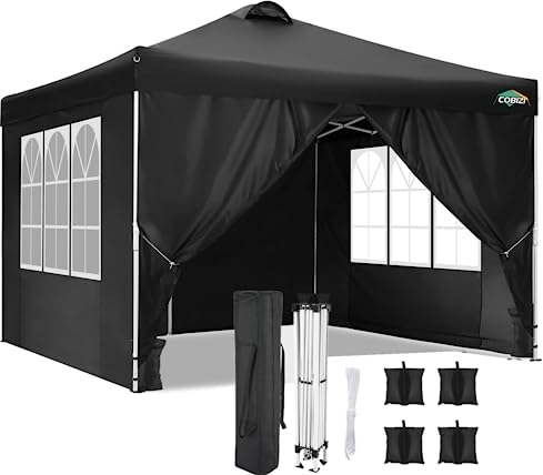 COBIZI Pavillon 3x3, UV-Schutz 50+ Faltpavillon 3x3 Wasserdicht Stabil Winterfest mit 4 Seitenteilen und 4 Sandsäcke,Pop up Pavillion Klappbar 3x3m Pavillon für Camping,Strand,Familientreffen(Schwarz)