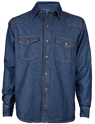 True Face Mens Denim Shirt 100% Cotton Multi Pocket Long Sleeve Casual Collared Button Down Washed Effect Shirts Top Dark Wash L