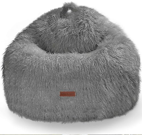 Green Bean Sitzsack in Felloptik mit Füllmaterial (EPS Perlen) - Maße ca 90 x 90 cm - Bean Bag Sitzkissen Sitzpuff Sitzsessel Bodenkissen Lounge Grau