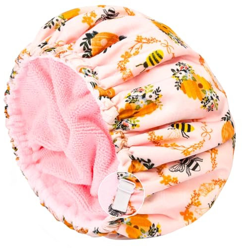 Shower Cap for Women Terry Lined Bee Bath Cap Large Reusable Waterproof Elastic Band Beekeeper Shower Caps for Long Thick Hair Soft Bath Shower Hair Caps
