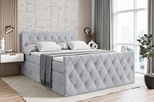 ALTDECOR Boxspringbett mit Matratze und Lattenrost, Topper, Fußteil, Polsterbett mit Bettkasten, Bett mit Stauraum H3- und H4- Matratze,Springboxbett - Amay King - 140x200 - Grau Monolith 84