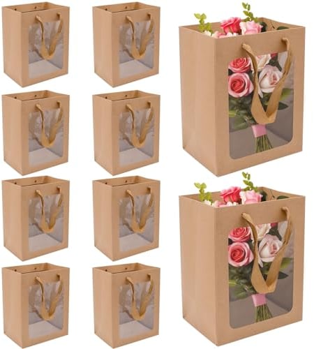 INHEMING 10 Pcs Kraft Paper Gift Bags With Window, Brown Gift Bags with Handle, Brown Kraft Paper Gift Bags with Window for Packing Flowers, Gifts, Candy, Cookies 25 x 18 x 13 cm