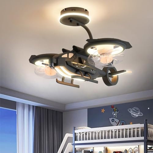 Kids Airplane Chandelier Helicopter Shape Ceiling Fan Boys' Bedroom Ceiling Fan Lamp Ceiling Fans with Lights Decorative Led Ceiling Lamps
