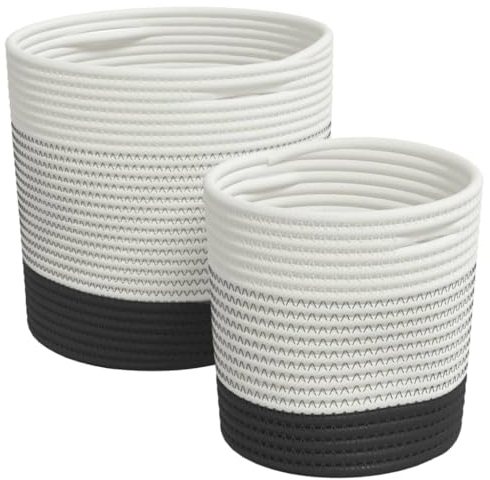 vidaXL Aufbewahrungskorb 2 STK., Wäschekorb Geflochten Faltbar, Rund Flechtkorb Korb mit Griffen, Wäschesammler Spielzeugkorb, Weiß Schwarz Baumwolle