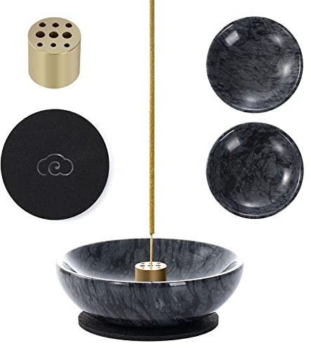 Räucherstäbchenhalter, 12 cm, natürlicher Marmor, Räucherstäbchenhalter mit Messing-Räucherstäbchenhalter für spirituelle Geschenke, Meditation und Heimdekoration (schwarz)