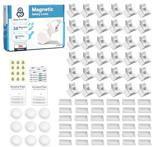 BABY PROOF ME 36 Stück Magnetische Schrankschlösser für Kindersicherung mit 9 Schlüsseln, 3M Kleber Einfache Installation, Baby Proofing Magnetschlösser für Schränke und Schubladen