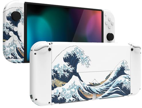 eXtremeRate Coque pour Nintendo Switch OLED Console Accessoires avec Bouton Coloré & Support,Coque Joycon,Great Golden Wave Off Kanagawa