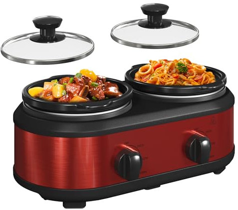 Doble olla lenta, 2 x 1.25 QT portátil pequeña olla de doble lata, servidores buffet y calentadores aptos para lavaplatos, tapa de cerámica extraíble, acero inoxidable rojo