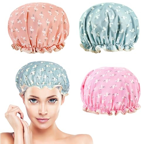 KEYRI 3 Packs Shower Caps Elastic Bath Cap for Women Men, Cute Shower Cap Waterproof Bath Caps Hair Bonnet, One Size Thickened Bath Cap Double Layers Reusable with Flamingo Motif (Pink+Orange+Blue)
