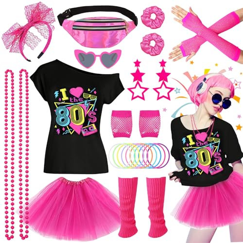 27PCS Deguisement Annee 80s Accessoire, Tenue de Soirée Disco Néon des Années 90s, T-shirt, Tutu, Bracelet, Sac Banane, Lunette, Bracelet, Colliers, Jambières, Femme Tenu Année Thème Soirée Carnaval