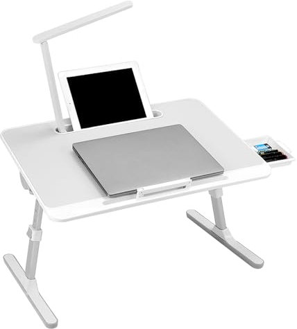 QWORK® Tavolo per laptop, angolo regolabile in altezza, tavolino pieghevole con cassetto e lampada a LED, 60 x 40 cm