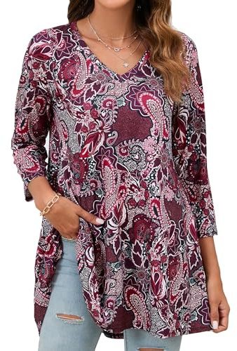 Enmain Tunique Femme Chemise Longue Grande Taille Rose Manche 3/4 Col en V Paisley Tuniques Femmes Chic Et élégant Hiver Blouses Confortable Ample, S