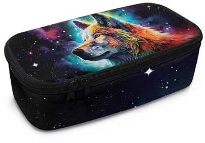 chaqlin Personalisiertes Federmäppchen für Kinder, große Kapazität, Federmäppchen, Organizer für die Schule, mit Fächern, Galaxie-Nachtwolf-Aufdruck, Einheitsgröße, Taschen-Organizer