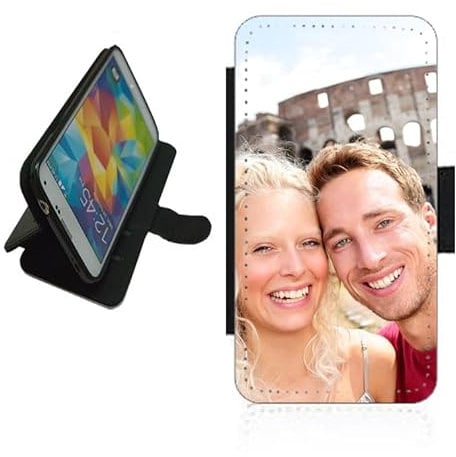 Personalised For Apple iPhone 14 flip cover phone case wallet photo on the front panel. Silicone rubber holder, PU leather back panel, card slots Black