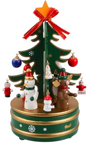 Cabilock Christmas Tree Music Box Decoration Desktop Christmas Wooden Musical Box Figurine with Snowman Rotating Wind Up Wooden Melody Box Ornaments for Holiday Festival