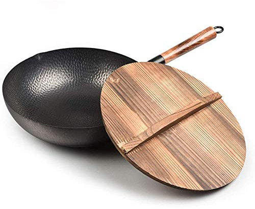 Wok in ferro fatto a mano da 32 cm per fornelli a gas e fornelli a induzione, pentola antiaderente con coperchio in legno, padella universale in ferro