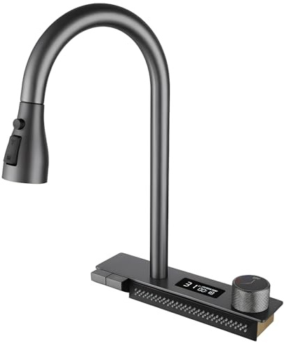 Moderno grifo de cascada de cocina extraíble negro y gris con pantalla LED y juego de fregadero de un solo tazón multifunción