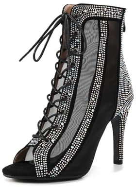 YCALCP Stivali da Ballo Latino Americano Donna Punta Aperta con Strass Professionali Salsa Tango Scarpe da Ballo Nero, 38 EU