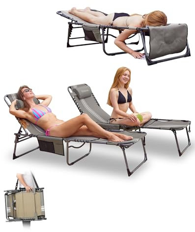 KingCamp 2 Pack Tumbona Plegable con Agujero para Lectura, Respaldo Ajustable 5 Posiciones, Silla Reclinable de Jardín con Correa, Cama Solar Portátil para Playa Terraza Piscina Camping