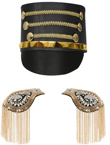 TiaoBug Kinder Nussknacker Hut Golden Quasten Schulterklappen Set Vintage Marching Band Hut mit Schulterbretter Spielzeug Soldatenhut Party Cosplay Schwarz B One Size