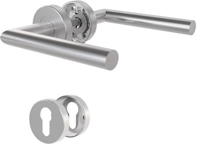 DIYGEEK Türgriffe Innentüren, Türklinke für Drückergarnitur Zimmertür, Türgriff-Set Edelstahl mit Rosette Ø 52 mm PZ-Profilzylinder, L-Form, Silber Gebürstet