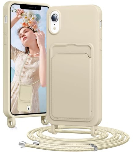 BENTIACC Handykette Silikon Hülle für iPhone XR mit Band, Handyhülle mit Kartenfach, Abnehmbar Kordel Kette, Stoßfeste Schutzhülle für iPhone XR (Beige)