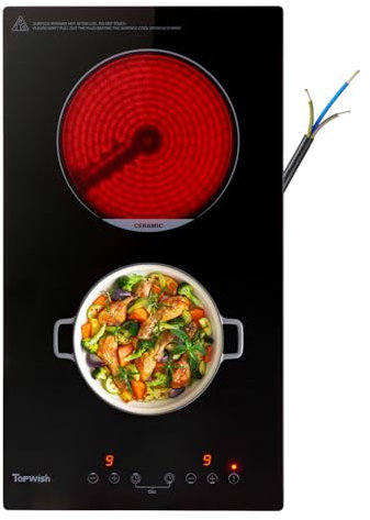 Topwish 2 Zonen Keramikkochfeld,Glaskeramikkochfeld,Elektroherd, integriertes elektrisches Kochfeld, Einbaukochfeld mit 9 Stufen, Kindersicherung, Touchsteuerung, Restwärmeanzeige, Netzkabel,29*52cm