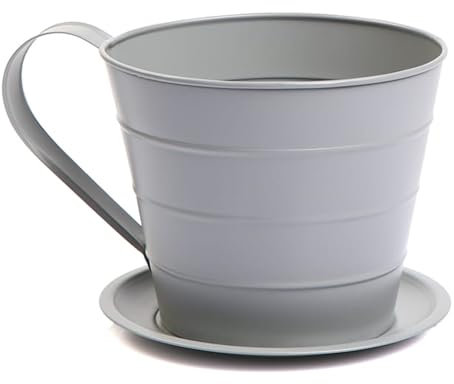 HMIR Cup & Saucer Planter - Charming Ceramic Flower Pot for Indoor and Outdoor Plants, Large Cup and Saucer Planter with Saucer, Perfect for Small Succulents, Herbs, and Decorative Greenery (Grey)