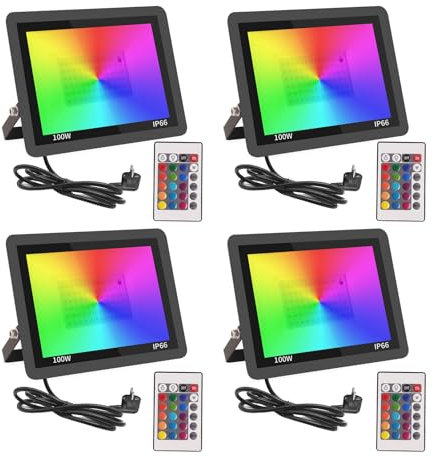 Fosingut RGB LED Strahler Außen 100W,4 Stück Dimmbar LED Scheinwerfer Mit Fernbedienung,IP66 Wasserdicht Farbwechsel Fluter Disco Partylicht Stimmungslicht für Weihnachten,Halloween,Bar,DJ,Feiern,Bühn