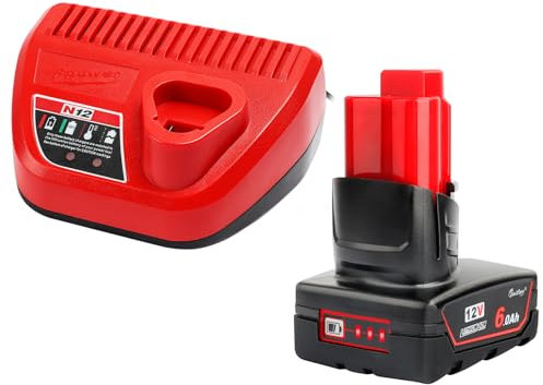 QUPERR 12V 6000mAh Compatible with Milwauke Battery Li-Ion M12B6 and M12 Charger Combination Set for milwaukee Power tools XC48-11-2401 M12TLED-0 C12PN-0 M12CD-202C M12SI-0 M12bsd-0