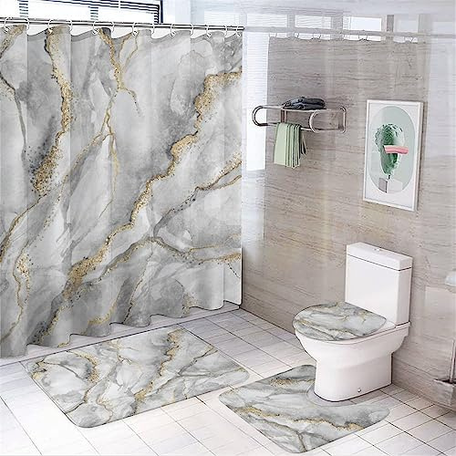 peiyeety Ensemble de 4 Rideaux de Douche en marbre Blanc et Or, Tapis antidérapants, Housse d'abattant de WC et Tapis de Bain, durables et imperméables, pour la décoration de la Salle de Bain