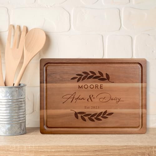 Tabla de cortar personalizada en madera, encimera de bambú para carne, jamón, pan, quesos, natural, sostenible. Idea de regalo para parejas, novia, padres, familia-28x20 cm, 33x23 cm, 38x26 cm
