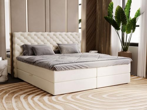 GRAINGOLD Bergamo Bett 200x200, Boxspringbett mit Bettkasten, Polsterbett mit Bonell-Matratze, Samt Stoff, mit Topper, mit Kopfteil (Beige, 200x200)