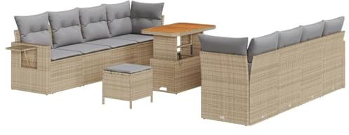 vidaXL 11-teiliges Gartensofa-Set mit Kissen in Beige, aus Poly Rattan und Akazie. Perfekte Gartenmöbel für eine modulare Lounge-Terrassenanordnung.