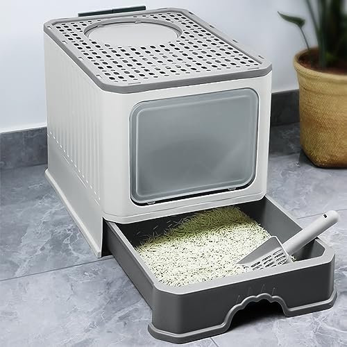 OHMG Lettiera per gatti con coperchio + accessori inclusi pala e tappetino, per gatti chiusi, grande, XXL Cat Litter Box, vassoio estraibile (cenere, 50 x 37 x 38 cm)