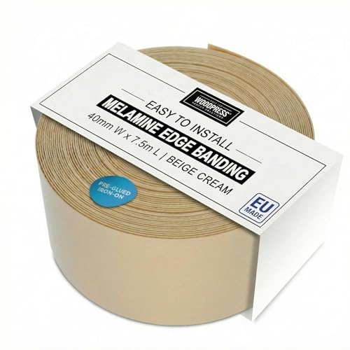 WoodPress® 40mm Beige Cream Pre-Glued Melamine Edging Tape 7.5m | Edge Banding Roll, Hot-Melt Glue, Professional Flexible Trim for Fast Furniture Repair, Cabinet & Shelf Finishing, Iron-On