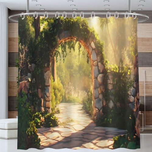 ANALTIRCE Wasserdichter Duschvorhang Polyester mit Dicht Pflanze Garten Steinbogen Efeu, Badewanne Badezimmer Vorhang 180x200cm, Waschbar Einfach zu Reinigen, Grün Duschvorhänge mit 12 Haken