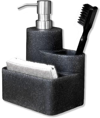 Novatta Seifenspender 310ml mit Bürstenhalter & Schwammablage | Küche Spülmittelspender Set | Edelstahl-Pumpspender für Flüssigseife | Harz (schwarz)