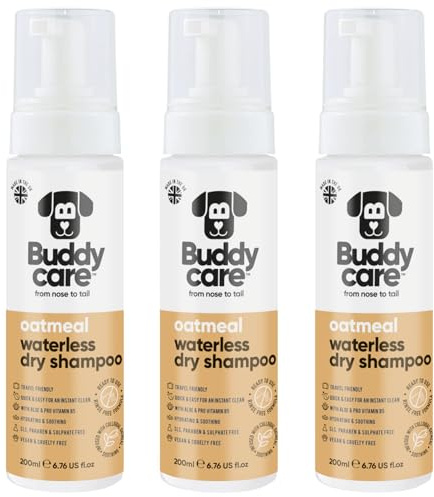 Buddycare Waterless Dry Shampoo for Dogs (200ml x3) | No Rinse Oatmeal Dog Shampoo Sensitive Skin | Natural, Easy-to-Use Dry Dog Conditioner for Fresh, Clean Fur - Ideal for All Breeds and Sizes