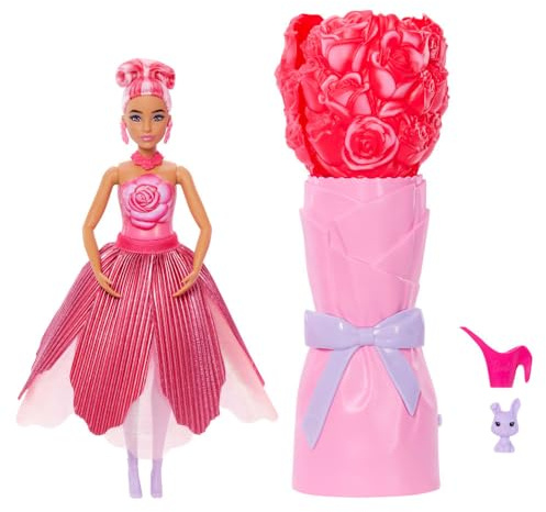 Barbie Petal Pop Bambola Profumata e Accessori | Bambola alla moda che indossa un vestito con rose, include bouquet rivelato con coniglietto e sorprese, età 3+, JMF59