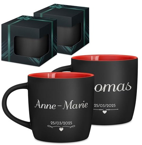 Maverton 2x Tasse Personnalisable, Set 2x Mug personnalisé | Cadeau Personnalisé Anniversaire Mariage, Couple Saint Valentin, Tasse a cafe rouge avec prénom, couple marié