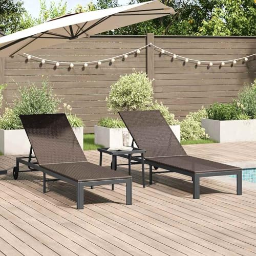 Gecheer Sonnenliegen 2 Stück mit Rädern und Tisch Braun Poly Rattan, Sonnenliege Gartenliege Liegestuhl Liege Campingliege für Garten Urlaub Strand Pool42004130