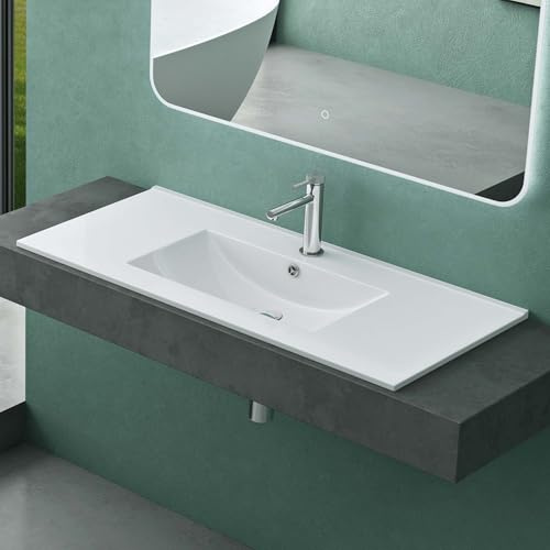 Mai & Mai Waschbecken Einbauwaschbecken 101x47x18cm aus Keramik | Waschtisch Weiß glänzend inkl. Nano-Beschichtung Rechteckig Brüssel912