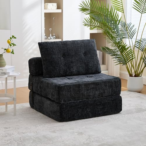 Ball & Cast Bodensofa, Umwandelbarer 2-in-1 Sofa Bett, Chenille Klappsofa mit Rückenlehne für Wohnzimmer und Schlafzimmer, Schwarz, 1 Sitzplatz