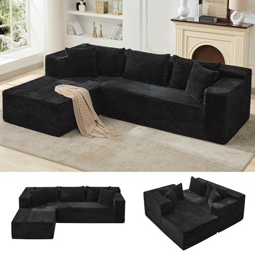 Garvee Ecksofa mit L-Form, Modulares Sofa aus weichem Cordstoff, 3-Sitzer Couch ohne Montage, Vakuumverpackte Polstergarnitur, Tiefsitzendes Wohnzimmersofa mit Breiten Armlehnen, Schwarz, 268 cm